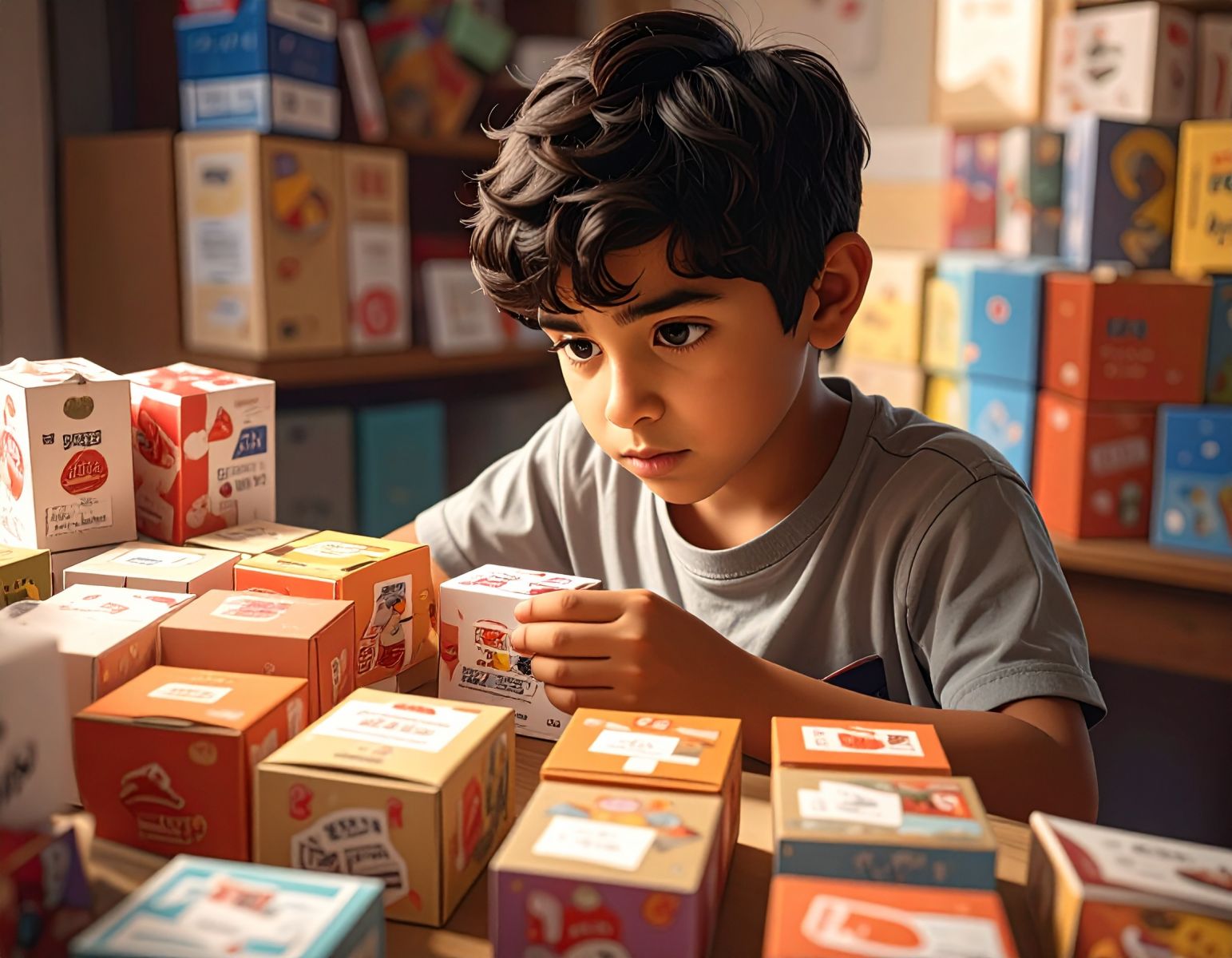 Firefly_一個孩子買了很多很多的盲盒放在桌子上，看著盲盒非常緊張， 632942.jpg